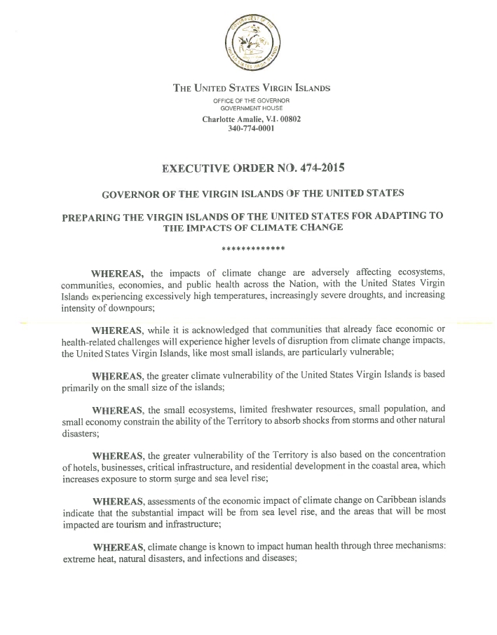 VI Governor's Climate Change Executive Order